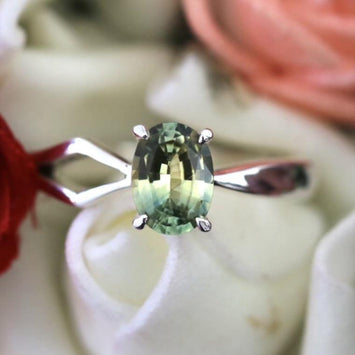 Parti Sapphire Solitaire Ring, Oval Shape Silver Ring - STRAGEMS & JEWELS