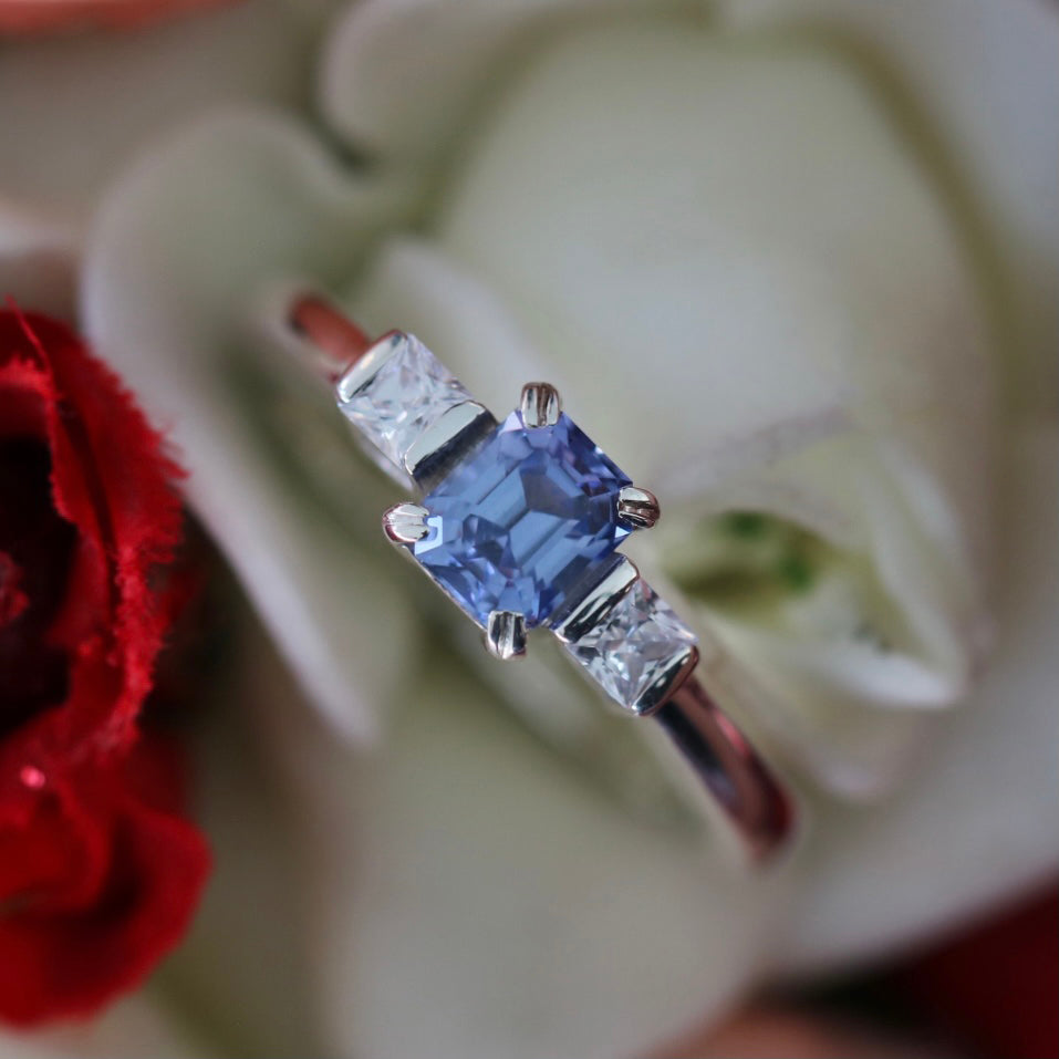 Ceylon Purple Sapphire Ring, Three Stone Silver Ring