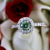 Green Sapphire Halo Ring, Round Shape Silver Ring - STRAGEMS & JEWELS