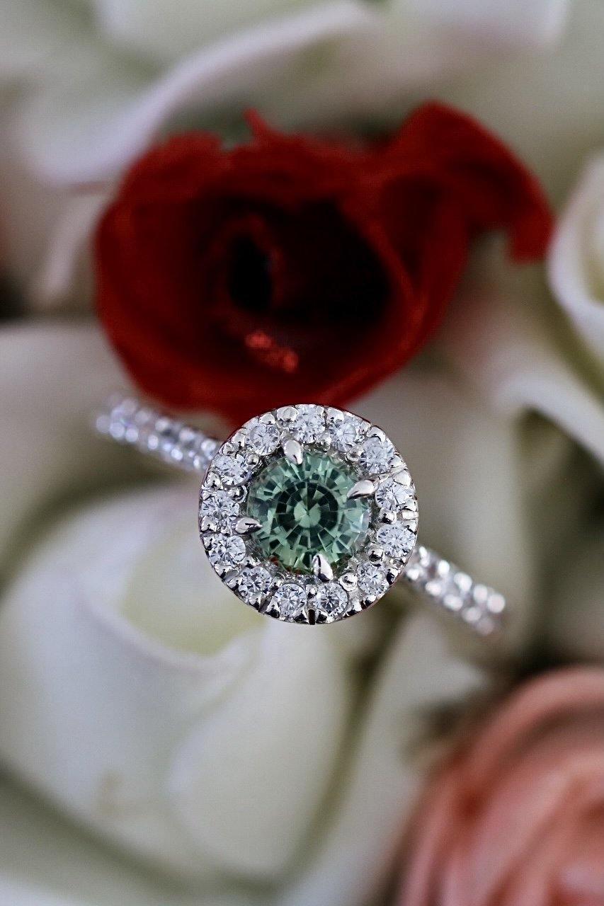 Green Sapphire Halo Ring, Round Shape Silver Ring - STRAGEMS & JEWELS