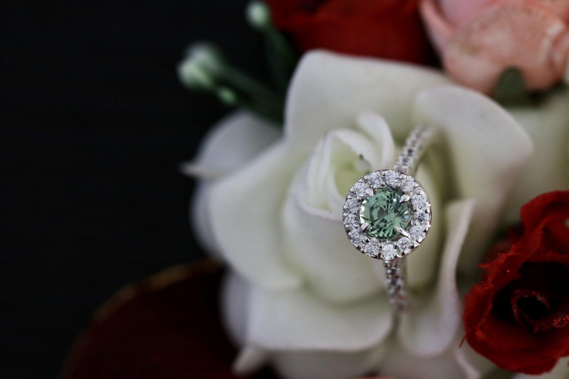 Green Sapphire Halo Ring, Round Shape Silver Ring - STRAGEMS & JEWELS